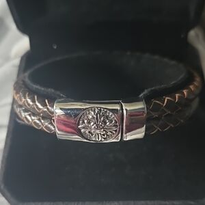 Braided Brown Leather Bracelet with Stainless Ornate Magnetic Clasp.